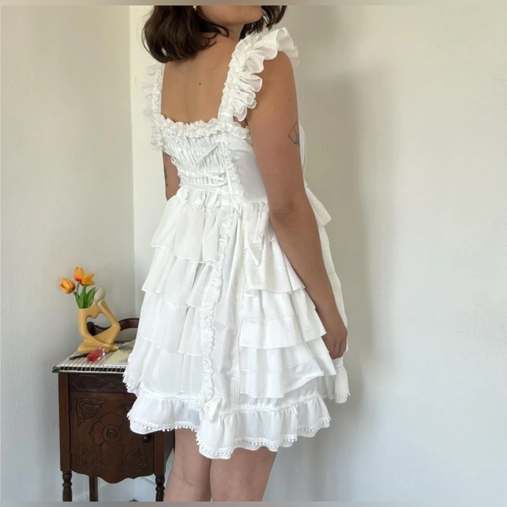 Litasi Lolita White Coquette Ruffle Tiered Dress 3XL with Bows - Picture 2 of 4